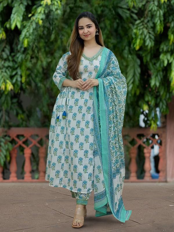 Pinkmint Women's Hevy Cotton Blend Sky Kurta Set L Stitched Printed Dupatta Set L Stylish Women Festival Dress (Pack Of 1)