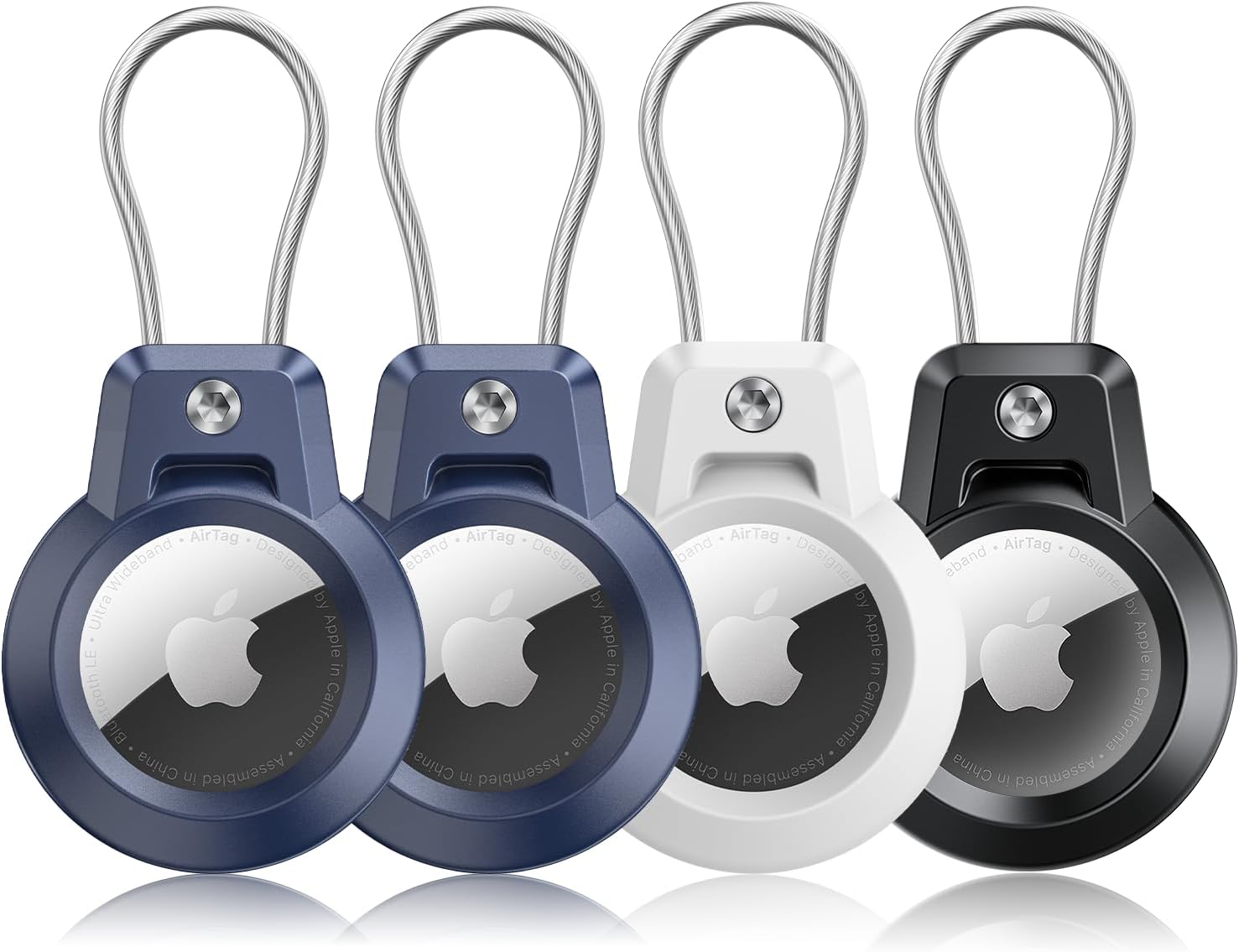 Gitfos AirTag Holder, Airtags 4 Pack AirTag Keychain Holder with Wire Cable - Robust & 360° Protective fit Apple AirTag Holder for Luggage, Backpack, Keys, Ring Car Key Chain.-2 Blue/White/Black
