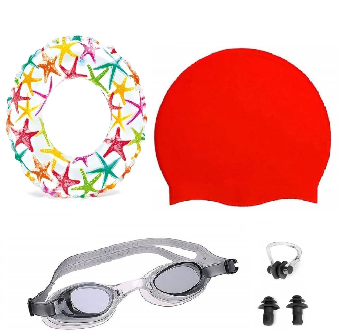 Swimming Kit Silicone Swimming Cap for Kids | 100% Silicone Swimming Goggles for Kids Nose-Plug Box | Inflatable Swim Ring for Kids (6To10 Years Kids, RED)