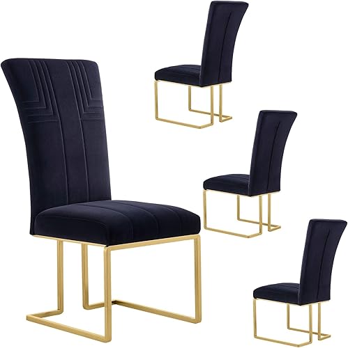 Miniatura 19 de AUZ Juego de 6 sillas de comedor de terciopelo negro y dorado con patas de trineo de acero inoxidable pulido, sillas de cocina tapizadas con Negro