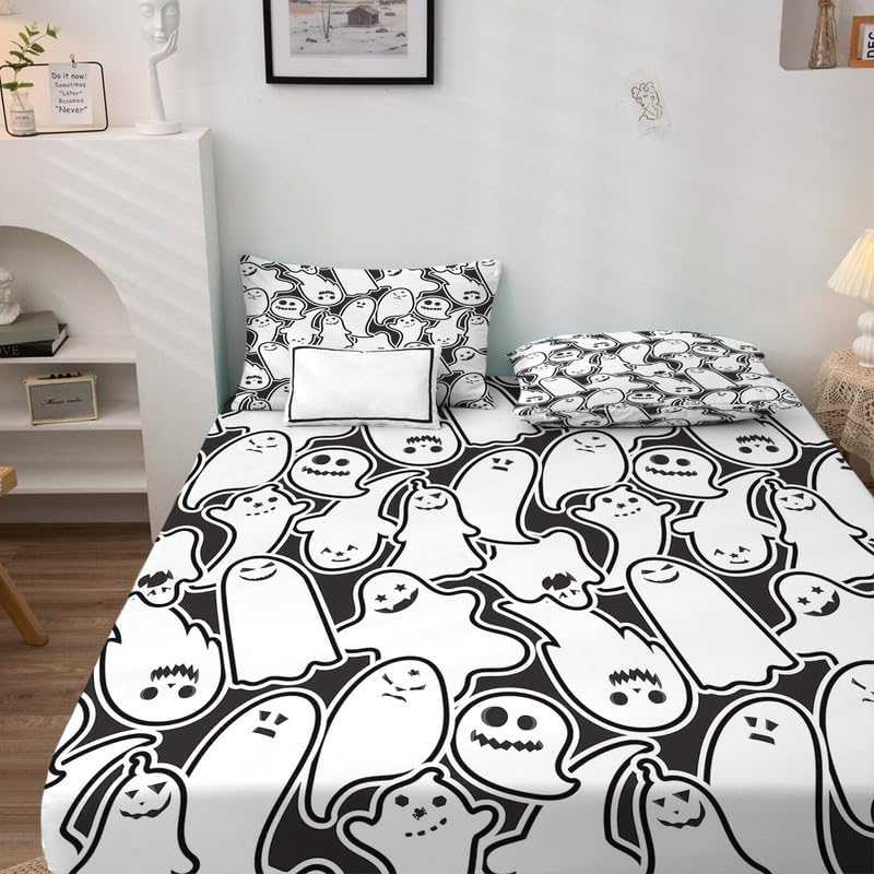 Miniatura 3 de Juego de sábanas de fantasmas espeluznantes tamaño King, sábanas divertidas de Halloween en blanco y negro para niños y niñas, microfibra suave y