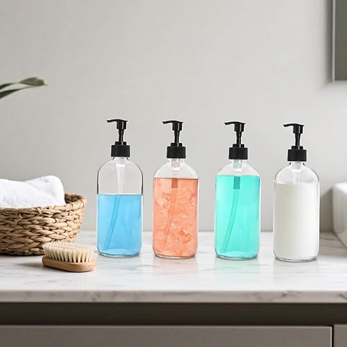 Miniatura 7 de Yarlung Paquete de 4 botellas con bomba de vidrio de 16 onzas, dispensador de jabón transparente con bomba de vidrio, recipientes vacíos recargables