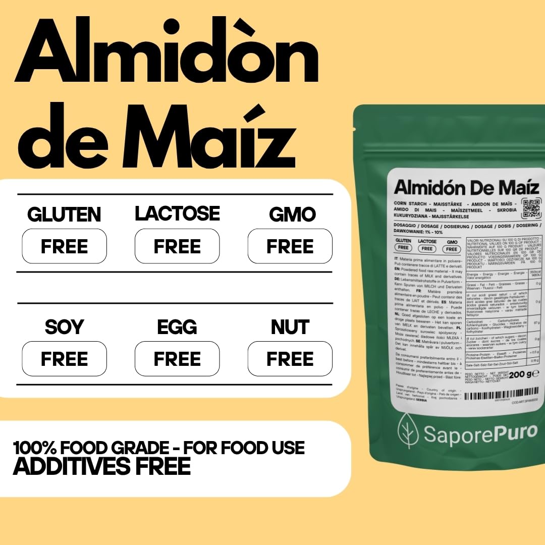 SaporePuro Almidón de Maíz Nativo 200 g – Espesante Natural para Postres, Cremas y Salsas – Sin Gluten y Vegano