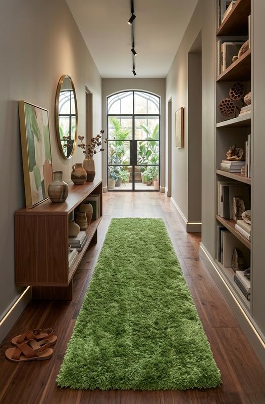 Image of Fluffy Bedside Runner Carpet (Green, 2X6, Microfiber)