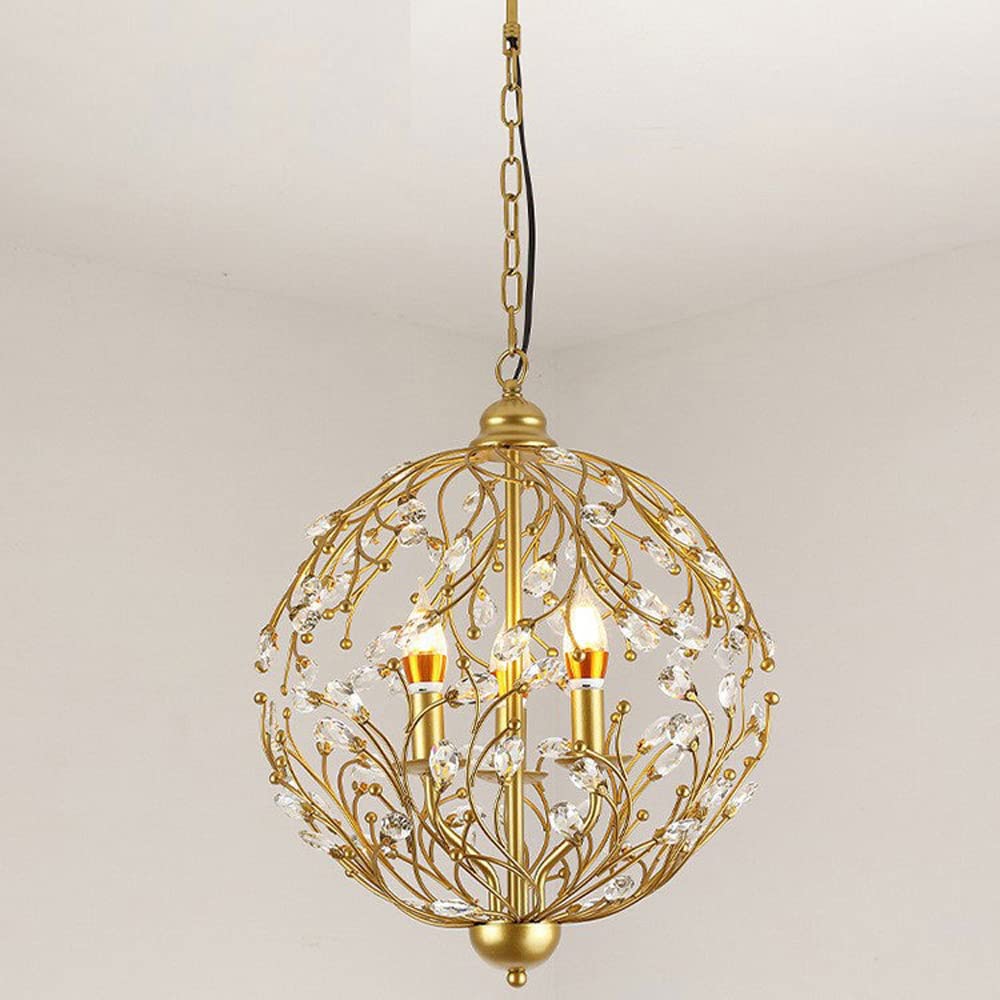 Lustre moderne en cristal doré 38cm avec suspension globe et lanterne creuse en métal