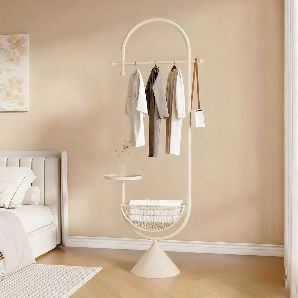 Multifunctional Metal Coat Rack with Storage Basket – Stylish Entryway Organizer for Bedroom, Living Room, and Home Decor – Durable & Space-Saving Design