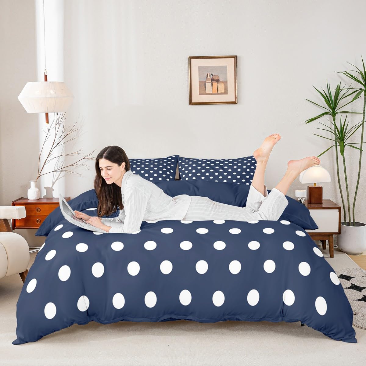 Erosebridal Dark Blue Polka Dot Queen Comforter Cover for Kids Teens Adult - Modern Boho Accent Duvet Cover Geometric Dots Printed Bed Set Rustic Artwork Bedding Set