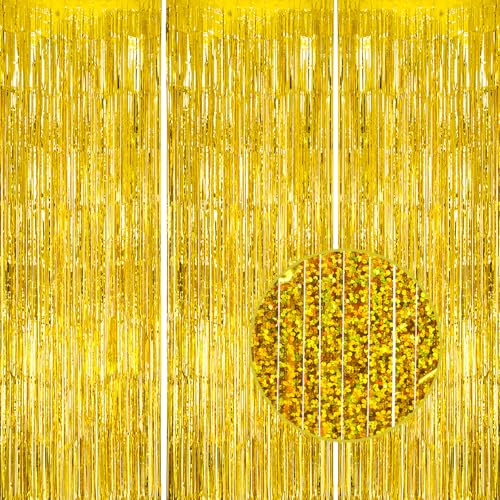 DECOCKRAT 3 Pack Foil Fringe Backdrop - Laser Gold Shiny Tinsel Curtains for Party Decoration/Photo Booth Props - 3.3x8.2 FT Metallic Foil Backdrop for Birthday, Wedding, Graduation, Christmas.