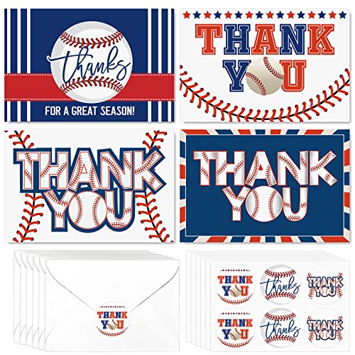 AnyDesign 32 Pack Baseball Thank You Cards with Envelopes Stickers 4 Design Baseball Blank Note Cards Thank You Couch Cards for Birthday Baseball Season Games Supplies, 4 x 6 Inch