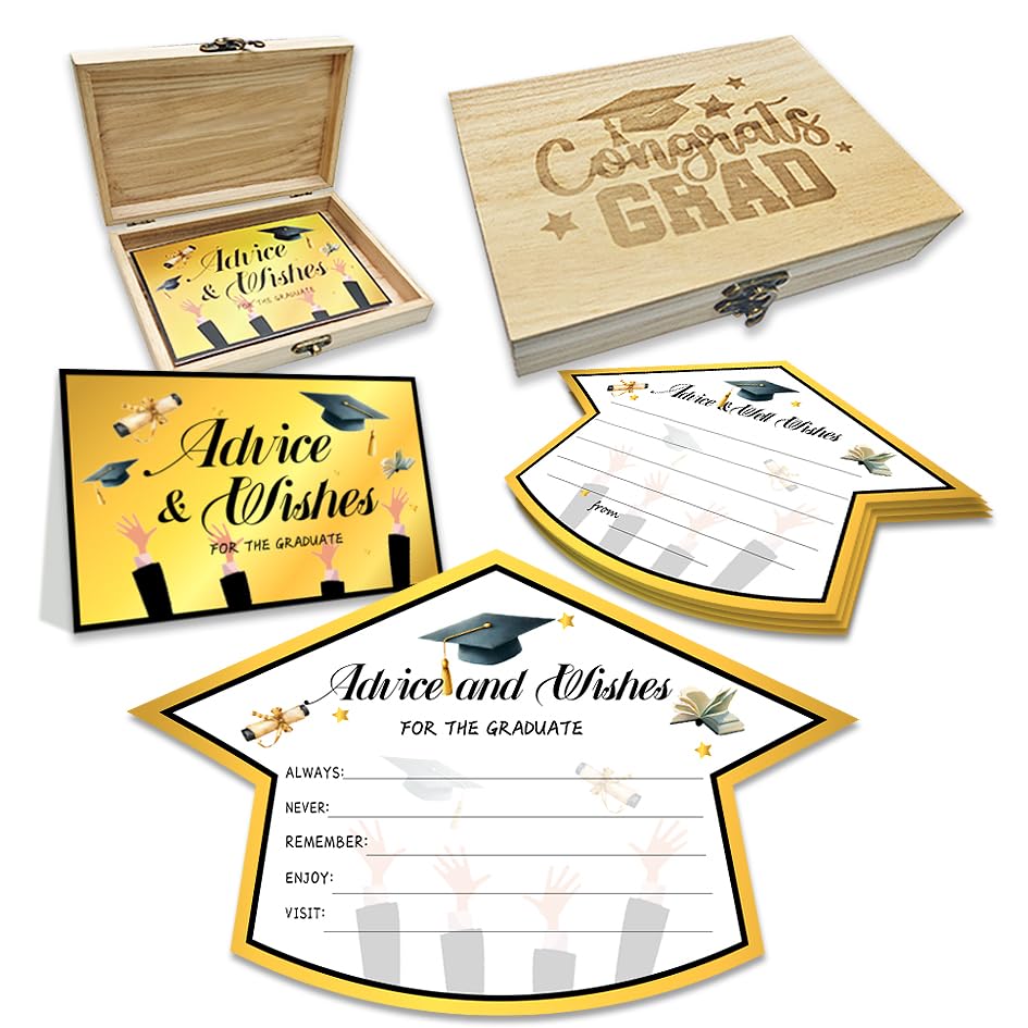 Image of 50Pcs Graduation Advice Cards for the graduate 2026, Graduation Advice and Wish Cards Box for Congrats Grad Class of 2026 Graduation Party Decorations Supplies (Gold)