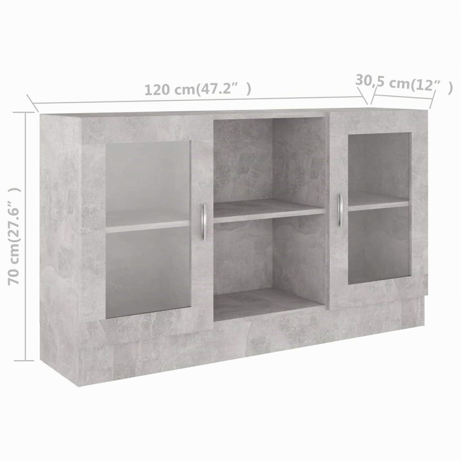 Armadietto Vetrina, Mobile Soggiorno con 2 Ante e 2 Scomparti, 120 x 30,5 x 70 cm, in Legno Multistrato, Grigio Cemento, per Salotto, Camera da Letto e Studio