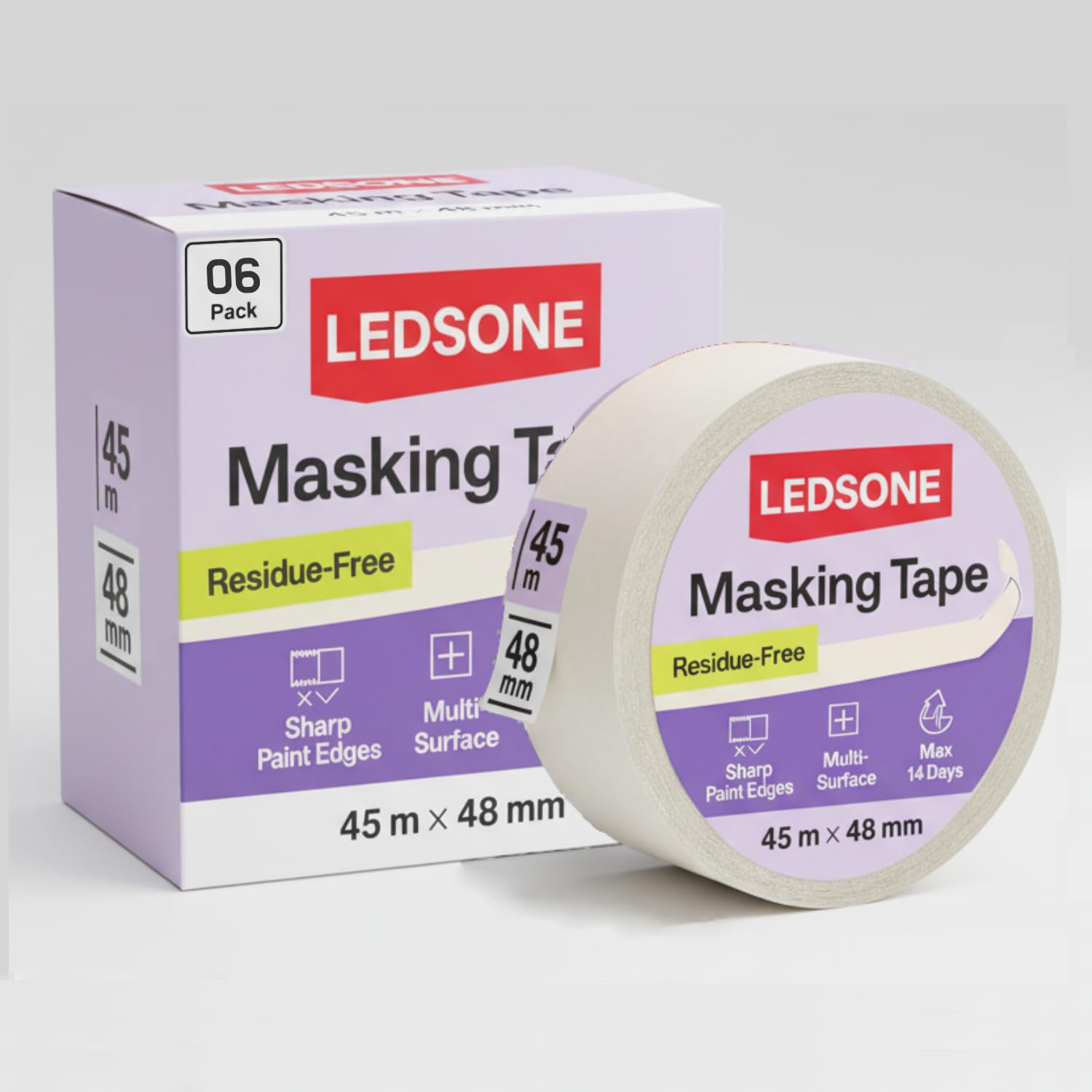 LEDSone 6 Pack White Masking Tape 48mm x 50m - Painter's Tape for Precision Painting & Decorating - Easy Tear Crepe Paper, Strong Adhesive, Clean Removal for Multi-Surfaces, No Paint Bleed Sharp Lines