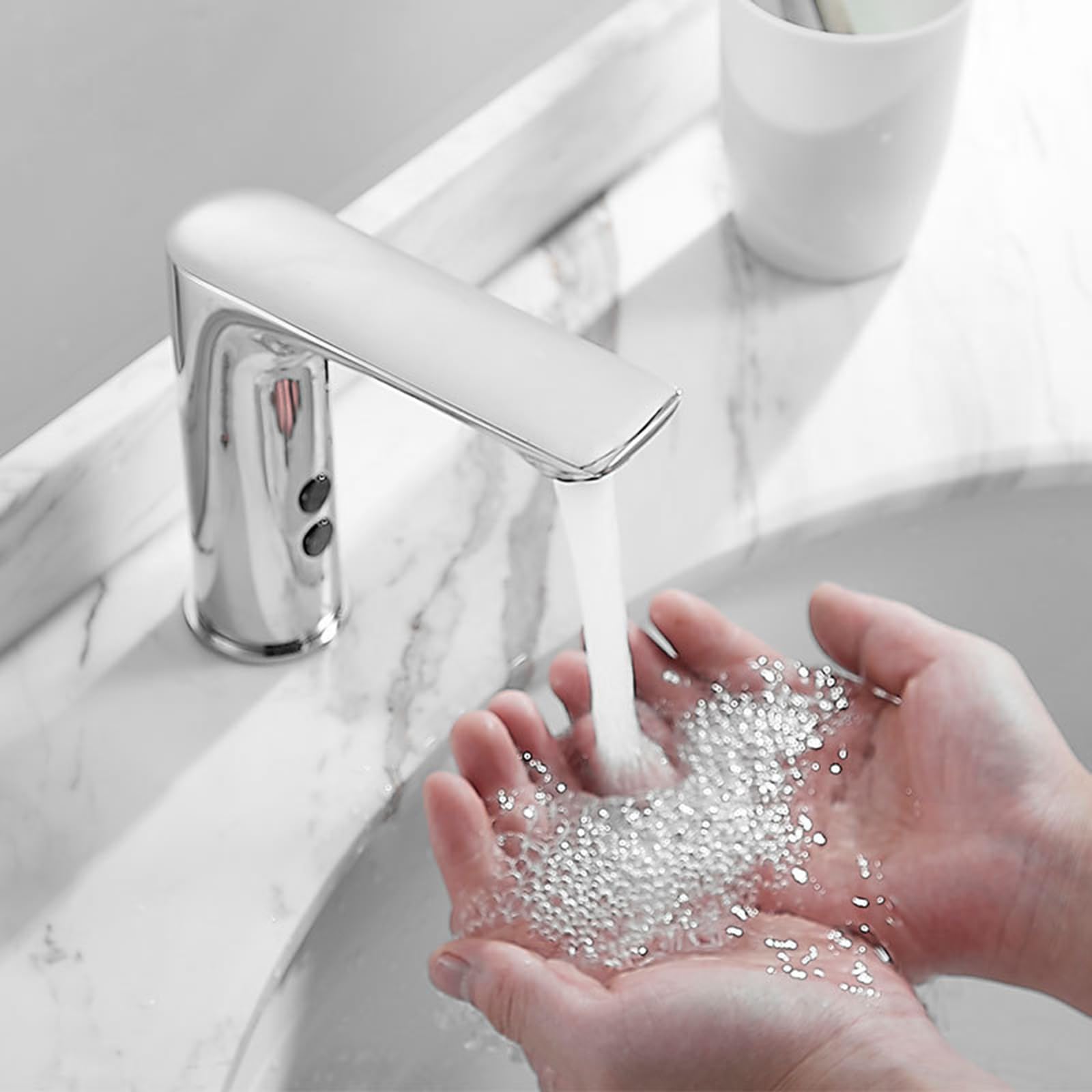 Grifos de Lavabo con Sensor, cromados, grifos de baño con Sensor automático, grifos de Lavabo de latón, Agua fría y Caliente.