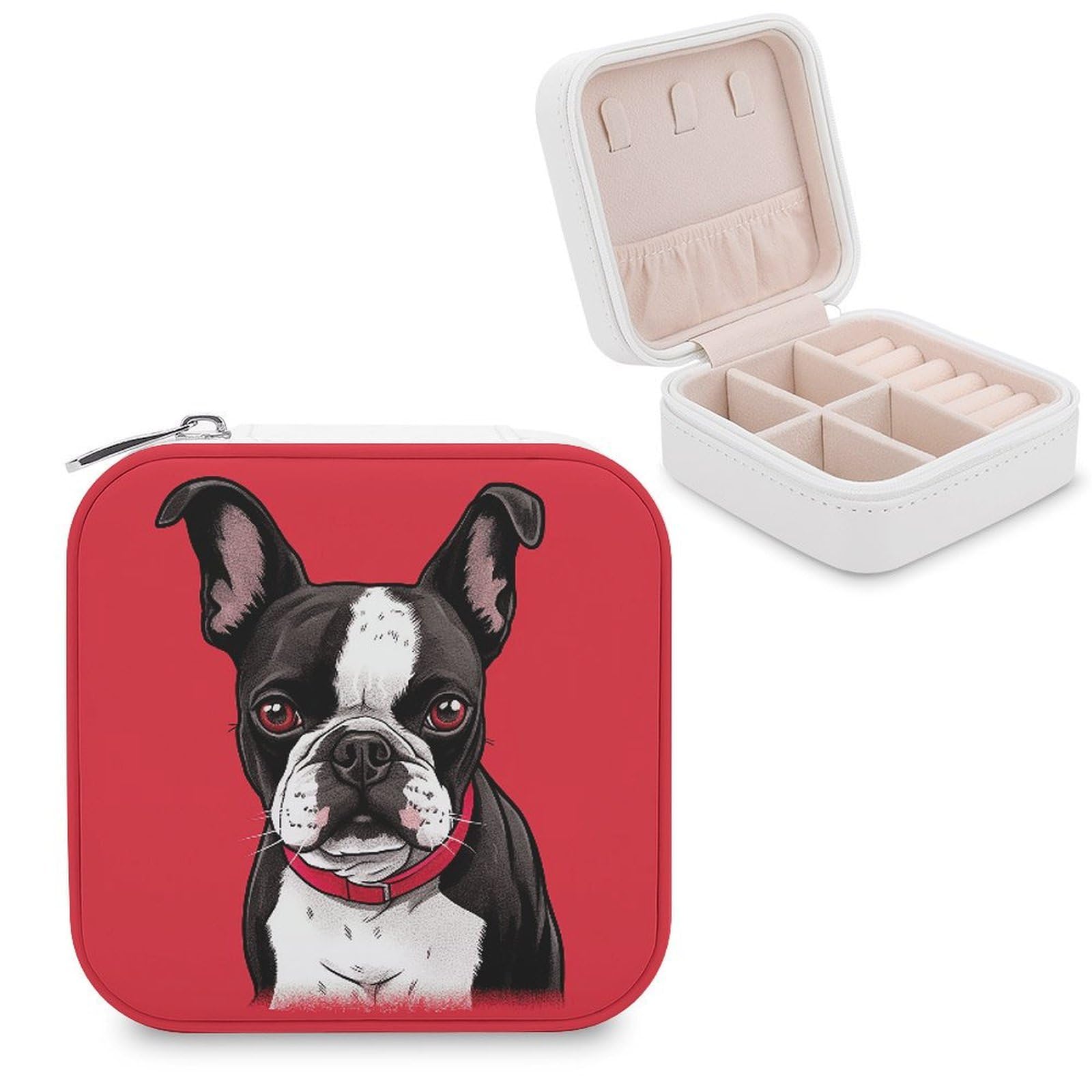 VstaDank Boston Terrier Dog Red Travel Jewelry Case Zipper Portable Small Jewelry Box Custom Pu Leather Mini Traveling Jewelry Organizer for Rings Earrings Necklace Bracelet Girls Women