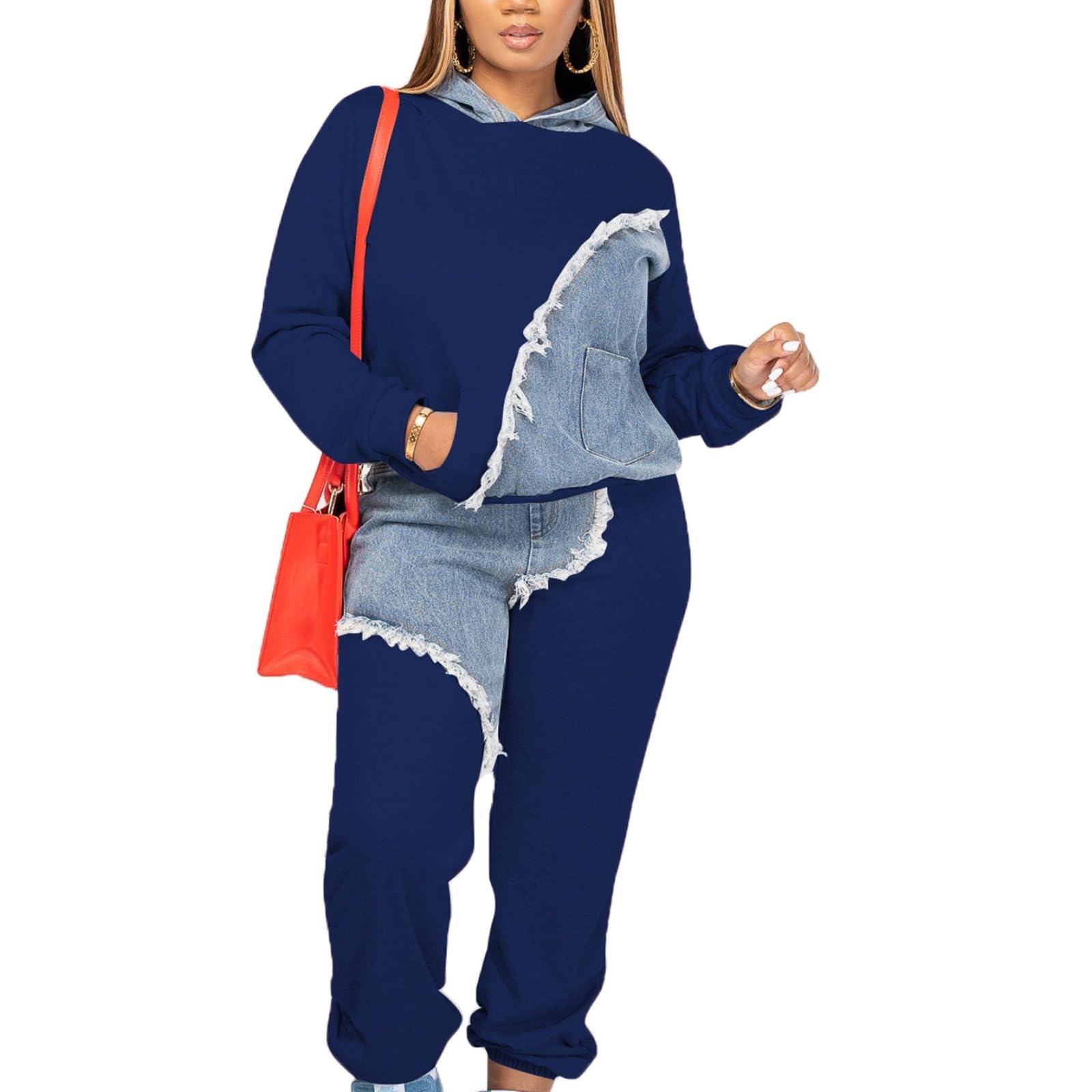 Damski zestaw wypoczynkowy plus size denim patchworkowa bluza z kapturem z długim rękawem i spodnie do joggingu postrzępione wykończenie przytulna odzież domowa