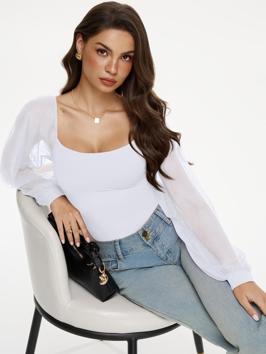 REORIA Women's 2025 Fall Casual Mesh Long Sleeve Square Neck Tops Trendy Cute Dressy Slim Fit Going Out T-Shirts - Image 6