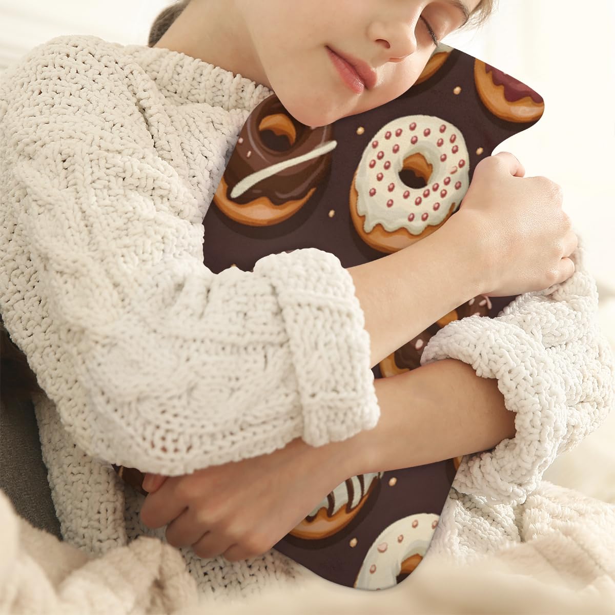 Hot Water Bottle with Soft Cover,2L Chocolate Donut Hot Water Bag for Hot and Cold Compress, Hand Feet Warmer, Abstract Donut Rubber Hot or Cold Water Bottle Halloween Christmas Decorations