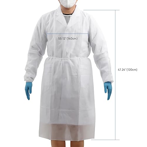 Miniatura 7 de JMU 100 piezas de batas de aislamiento desechables a granel, vestidos médicos PP largos con puños de punto (blanco)