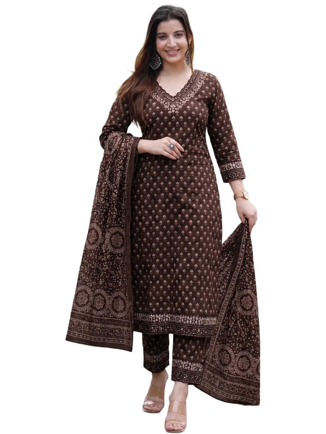 gosriki Viscose Printed Kurta with Pant and Dupatta for Women | Straight Kurti Set for Woman | 3/4 Sleeve V-Neck Stylish Kurta Pant Dupatta Ethnic Outfit Party Wedding-picture-30