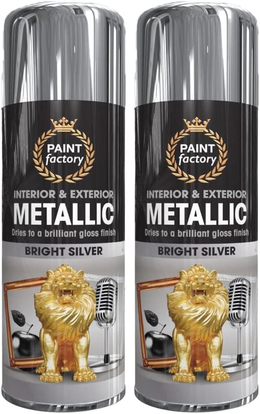 2 x Metallic Bright Silver Spray Paint 400ml Multi-Purpose Use, Spray for Metal and Wooden Furniture, Ornaments, Decorative Items and Much More for Interior & Exterior