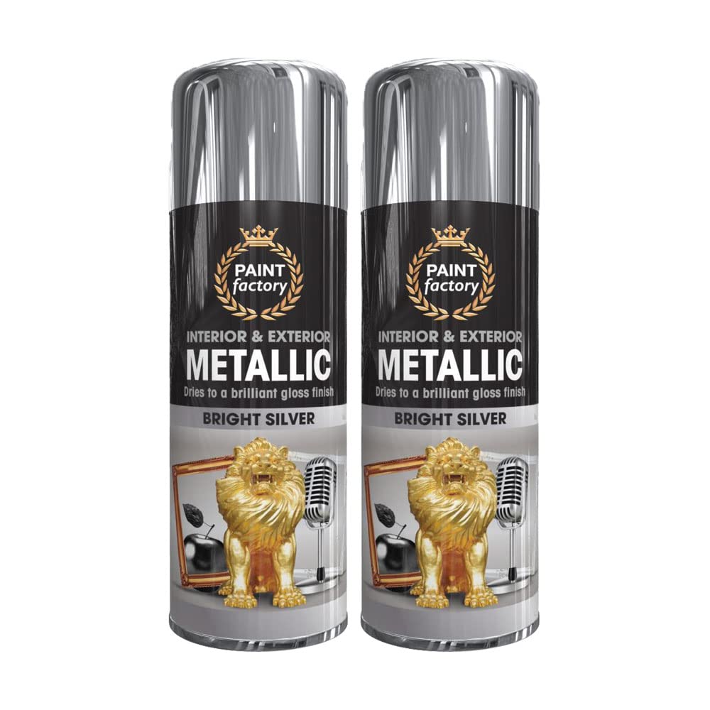 2 x Metallic Bright Silver Spray Paint 400ml Multi-Purpose Use, Spray for Metal and Wooden Furniture, Ornaments, Decorative Items and Much More for Interior & Exterior