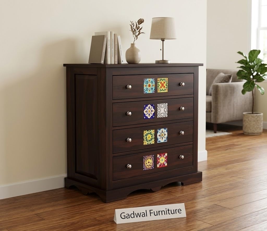 Wooden Chest of Drawers for Living Room with 4 Drawer - Solid Wood Chest of Drawers Wooden Drawer Cabinet Chest of Drawer for Bedroom Storage Cabinet (James, Walnut Finish)-picture-13