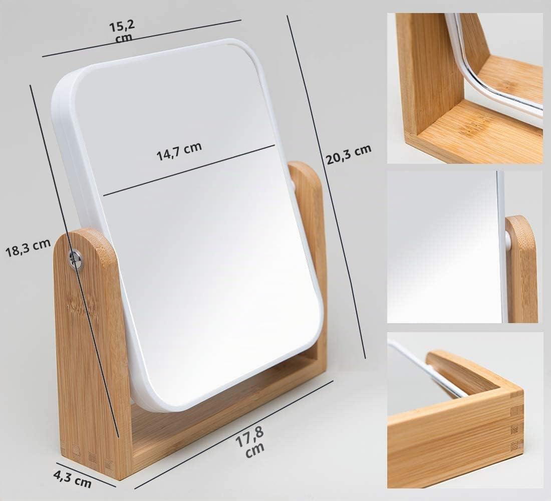 YEAKE Miroir de Maquillage avec Support en Bambou Naturel, Miroir cosmétiques grossissant Double Face 1X/2X avec Rotation à 360 degrés, Miroir de Table Portable pour Salle de Bain - Blanc