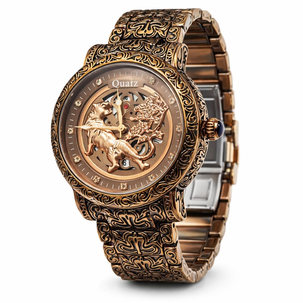 Men's Luxury Tiger Dial Quartz Wrist Watch, Coffee Gold Designer Bracelet, Engraved Metal Strap, Skeleton Style Round Case, Premium Fashion Analog Timepiece, Unique Statement Gift, Waterproof Antique Royal Look for Business Casual Occasions-image-10