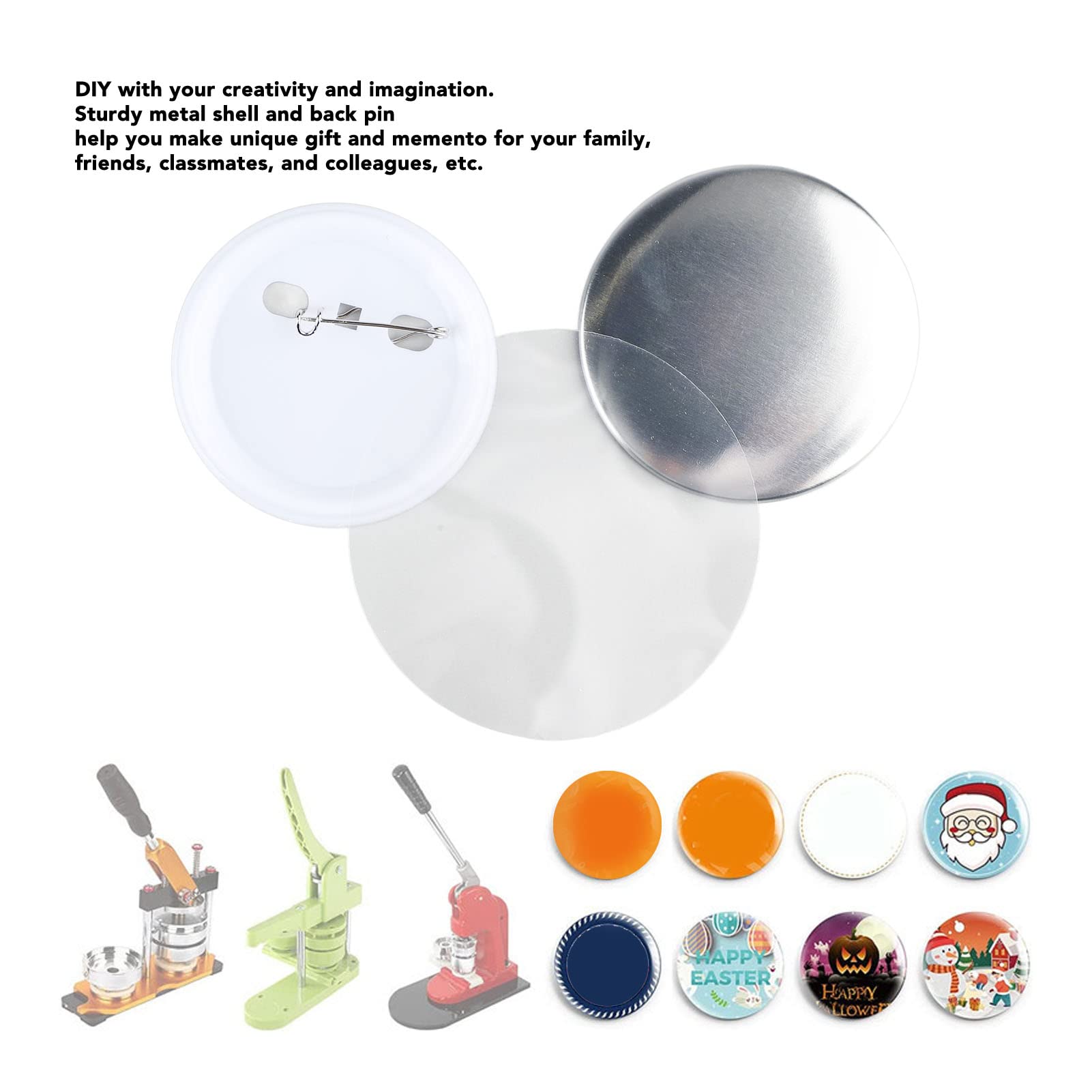100 Set Blank Button Making Supplies Round Badge Button, 2.3in Button Parts Button Supplies, Includes Metal Button Pin Back Cover, Metal Shells, Blank Paper&Clear Film