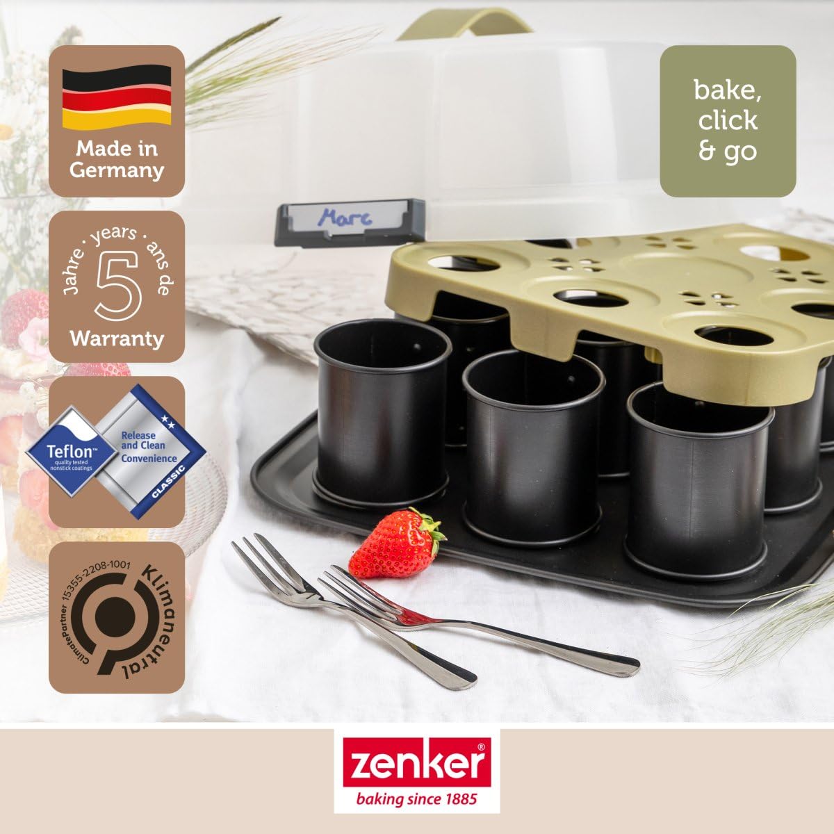 Zenker Bake, Click & Go 9er Törtchenblech mit Haube – 29 x 29 x 7 cm – Backform mit passendem Deckel für den direkten Transport – Kuchenform zum Backen & Transportieren
