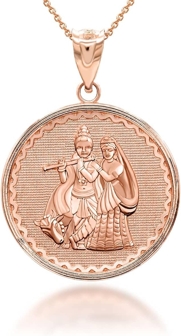 14K Yellow, White, or Rose Gold Lord Radsha Krishna Hindu Gods Hinduism Religion Medallion Pendant Necklace - Choice of Metal
