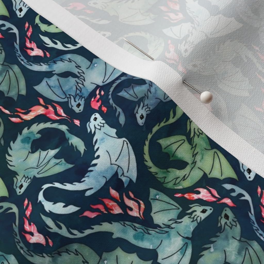 Spoonflower Fabric - Dragon Fire Dark Blue Green Super Small Navy Fantasy Watercolor Printed on Petal Signature Cotton Fabric by The Yard - Sewing Quilting Apparel Crafts Decor