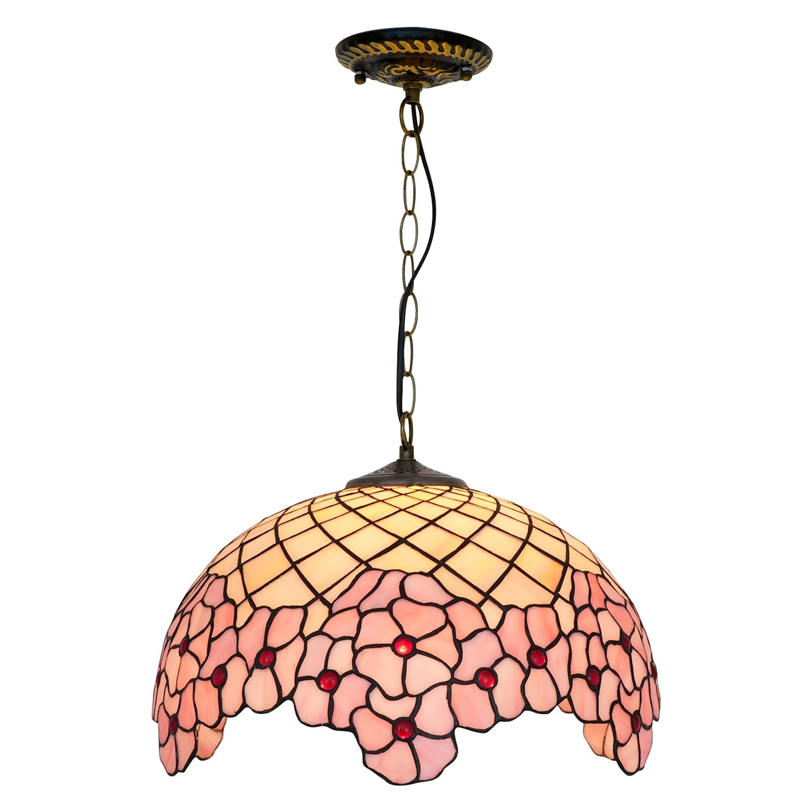 Manhong One Color 16 Inches Tiffany Lamp Stained Glass Ceiling Pendant Light Vintage Deco Pink Cherry Blossom Hanging Chandelier For Bedroom Kitchen Island Dining Living Room Corridor