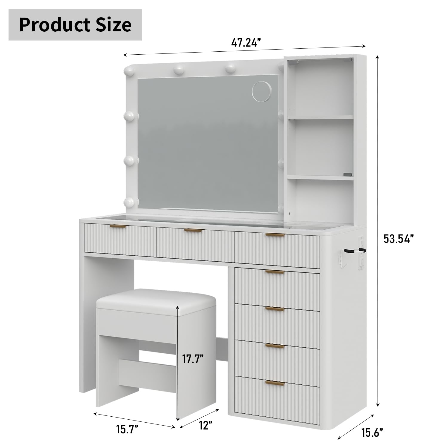 Yanosaku 47" Fluted Vanity Desk with Mirror & LED Lights, 7-Drawer Makeup Vanity with Glass Top & Cabinet, Vanity with Chair & Charging Station, 3 Lighting Modes, for Bedroom, Natural Oak