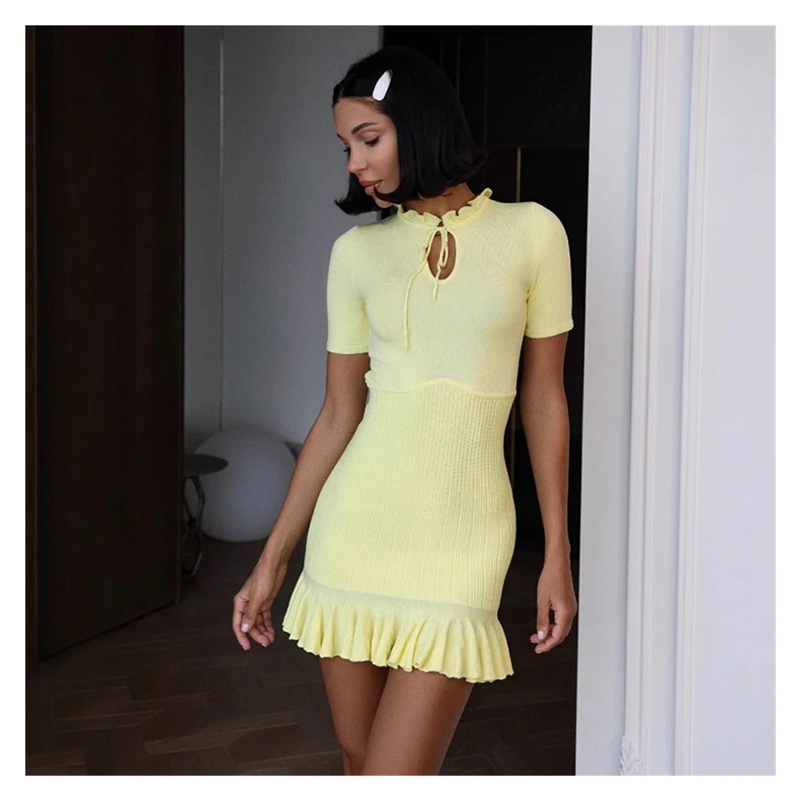 Vestido Deportivo Vestido Mini de Punto con Volantes for Mujer, Vestido Verano Encaje, Cintura Alta y Manga Corta Vestido Padel Mujer(Yellow,L)