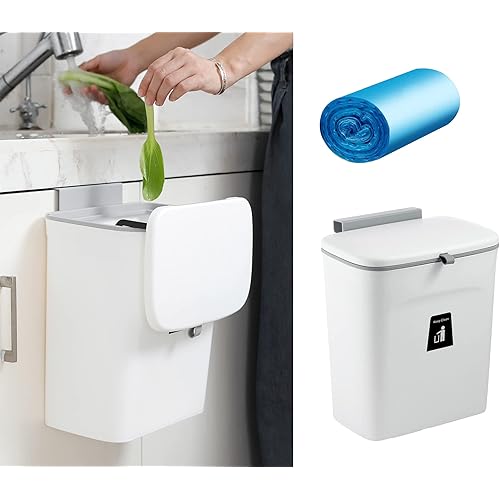 Lunies 2.4 Gal Compost Bin/Hanging Small Trash Can with Lid for Kitchen Cabinet Door/Counter Top/Under Sink/Bedroom/Bathroom/Cupboard White
