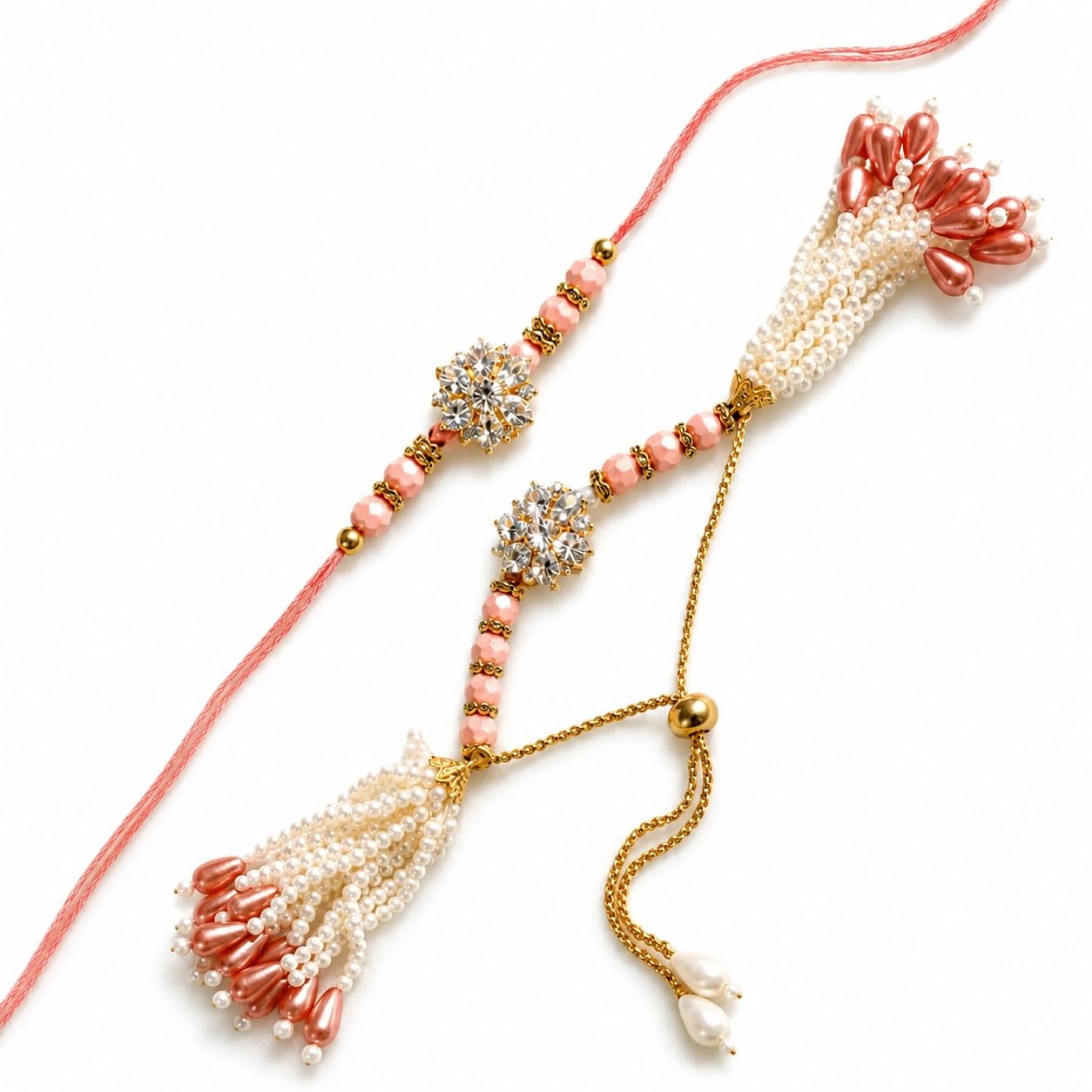 Pastel Pink Crystal Floral Bhai Bhabhi Rakhi Set-image-41