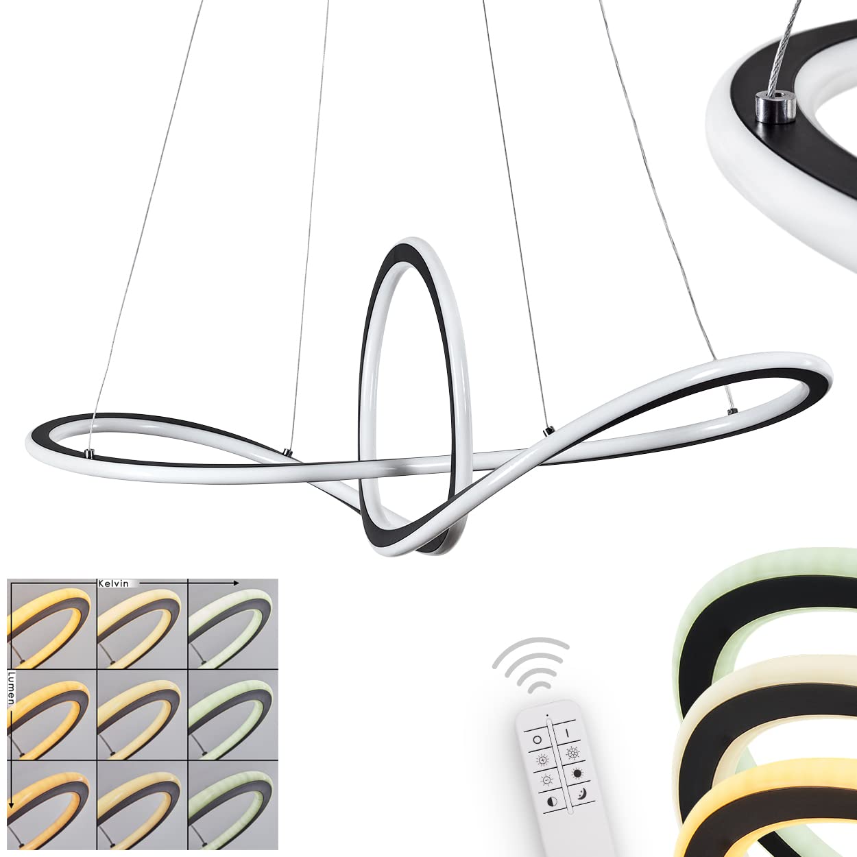 Hofstein Black Led Pendant Light Zibreira, Dimmable In Metal/Plastic In /White, Adjustable Hanging Light Dimmable/Changeable Remote Control, Led 53 Watt, 4700 Lumen, 2700-5500K