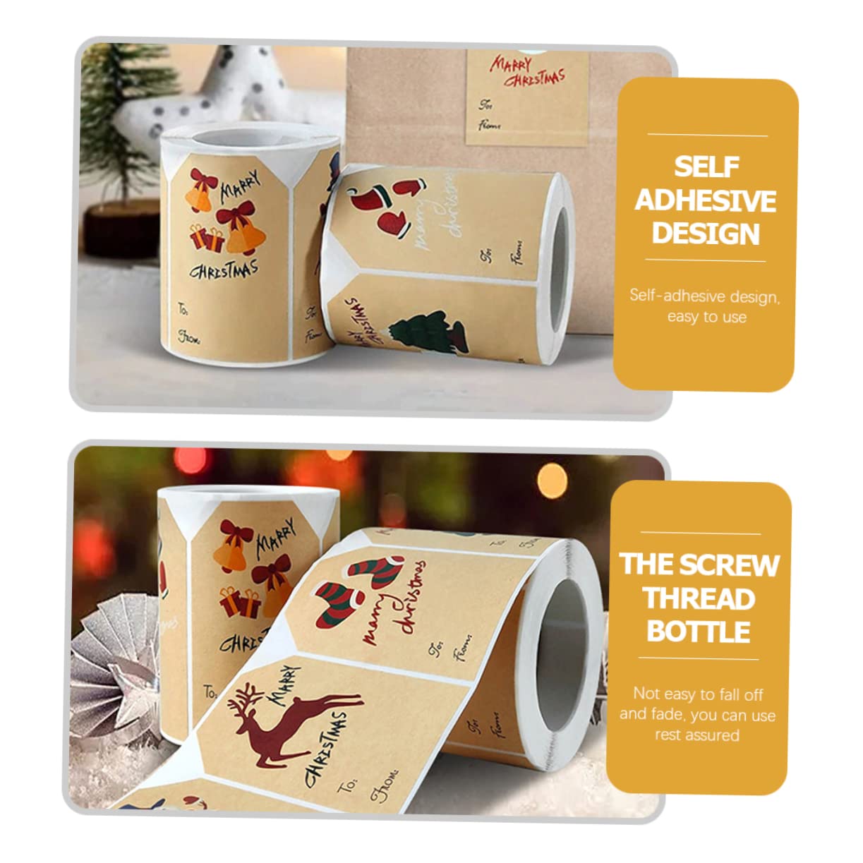 MAGICLULU 2rotoli Etichette Natalizie Carta Kraft Per Regali Adesivi Decorativi Motivi Natale Renne Per Decorazioni e Regali Natale