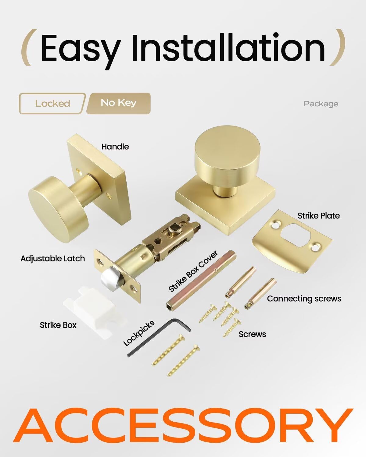 Leydebong 2 Pack Gold Door Knobs for Bedroom Bathroom, Interior Door Knob with No Key, Satin Brass Privacy Door Knob