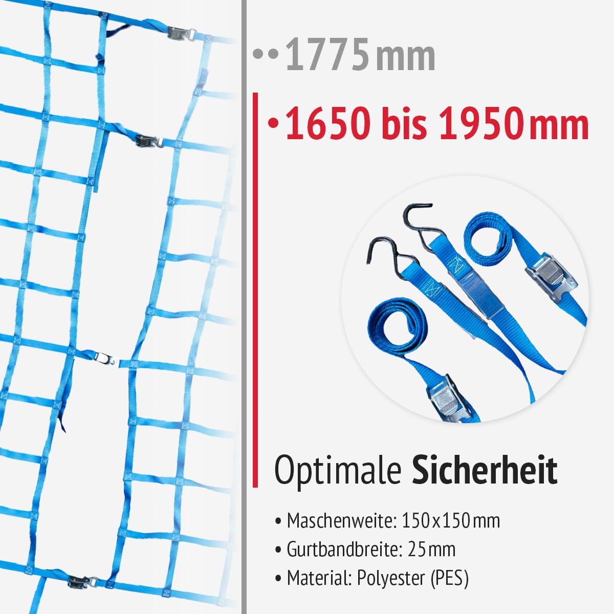 Rückhaltenetz Kleintransporter 25 mm blau für Laderaumtrennung | Polyester-Rückhaltenetz mit S-Haken für rückwärtige Ladungssicherung | Maße: 1775 x 1650-1950 mm; LC: 800 daN