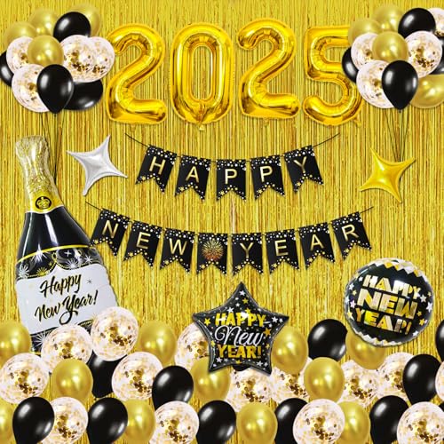 IDAODAN New Years Decorations 2025 Kit, New Years Eve Party Supplies 2025 with Happy New Year Banner, 2025 Balloons, Fringe Curtains, Champagne Balloon for New Year Eve Decorations