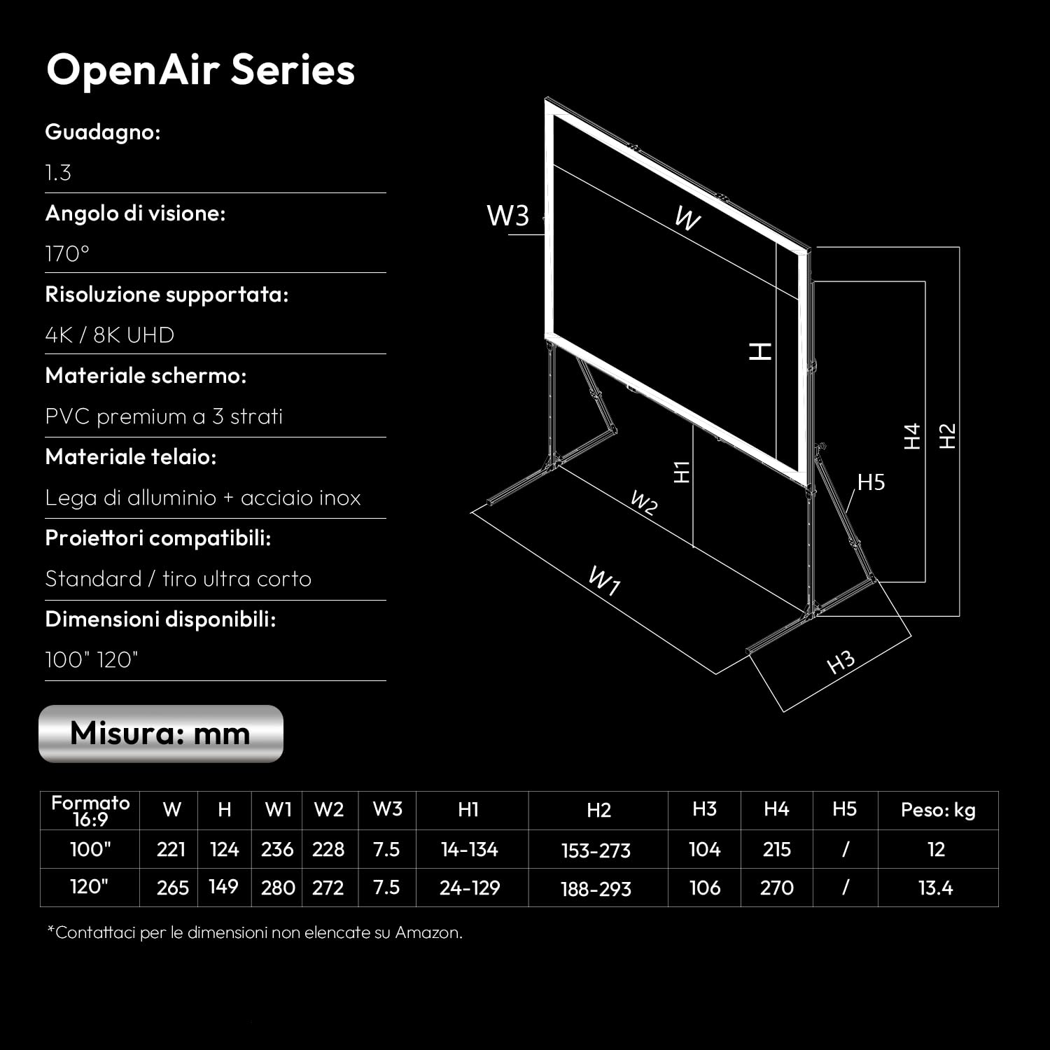 Schermo per Proiettore da Esterno con Treppiede, Portatile e Pieghevole, 4K UHD 16:9, Telaio in Alluminio, Gain 1.3, per Campeggio, Giardino e Home Cinema, 100 Pollici