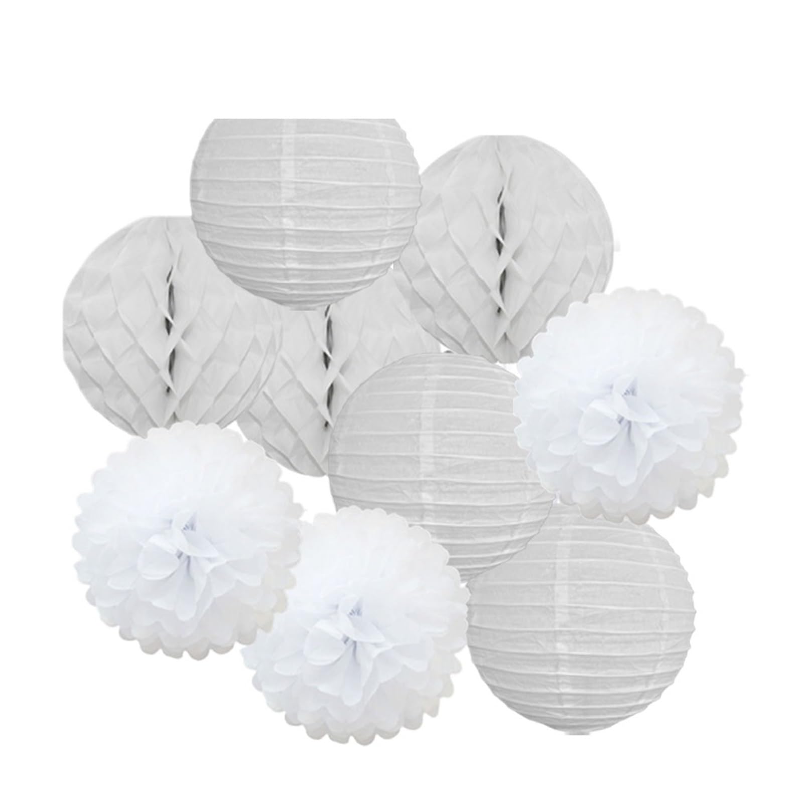 Paper Pom Poms Wedding Party Favor Hanging Round Paper Lantern 6" 8" 10" 12" Baptism Birthday Holiday Decor(White Set,8inch(20cm))