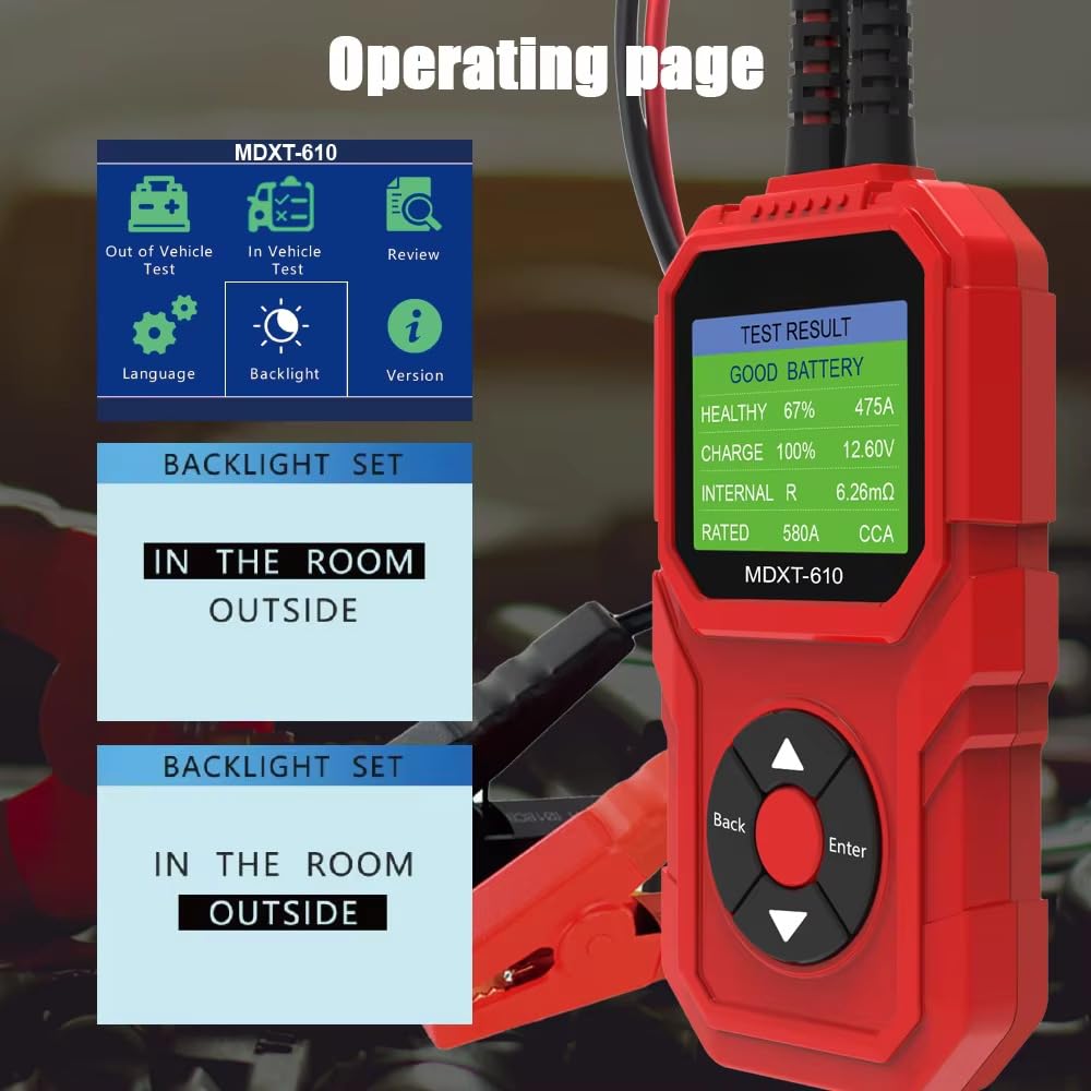 MDXT-610 Tester per batteria auto da 12 V, misuratore di resistenza interna con LCD a colori, verifica SOH/SOC, tensione, generatore e sistema di avviamento, multilingue