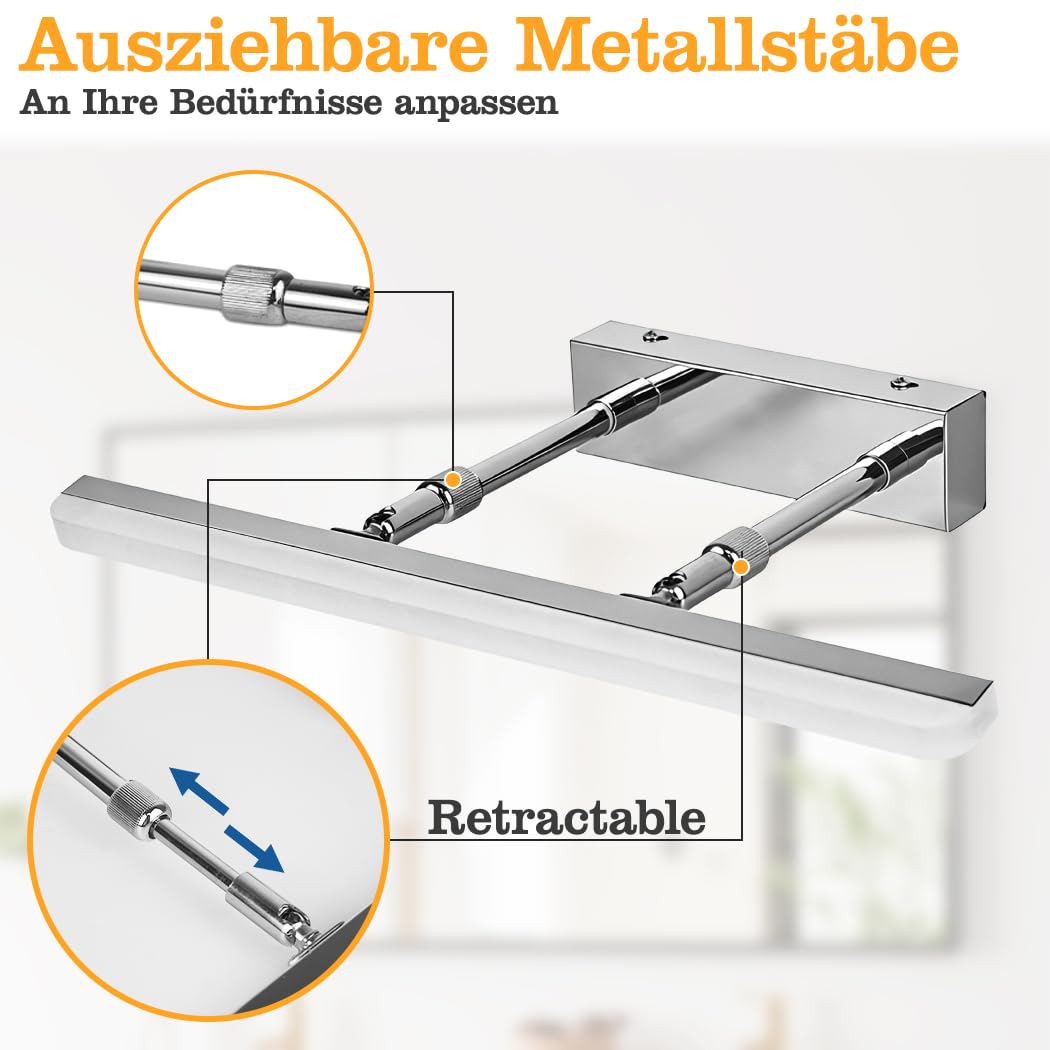 Spiegelleuchte Bad 40cm,9W Spiegelleuchte mit Verstellbarem Winkel | Drei Einstellbare Farbtemperaturen,800LM IP65 Moderne Spiegellampe Badezimmer,Teleskopstange,Rasur und Make-up Schlafzimmer