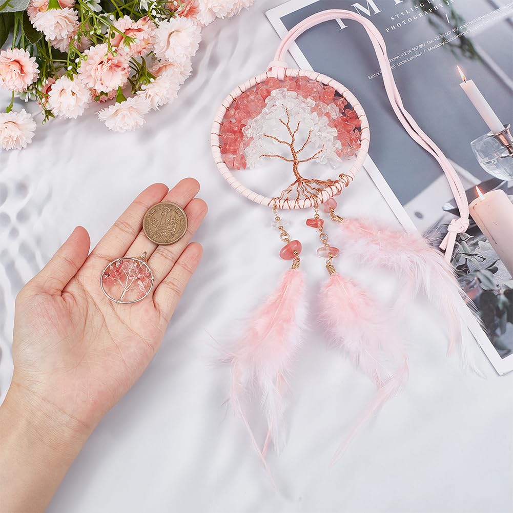 Acchiappasogni Piccolo Cristallo Auto - Albero Della Vita Con Piume Bianche, Decorazione Boho Specchietto
