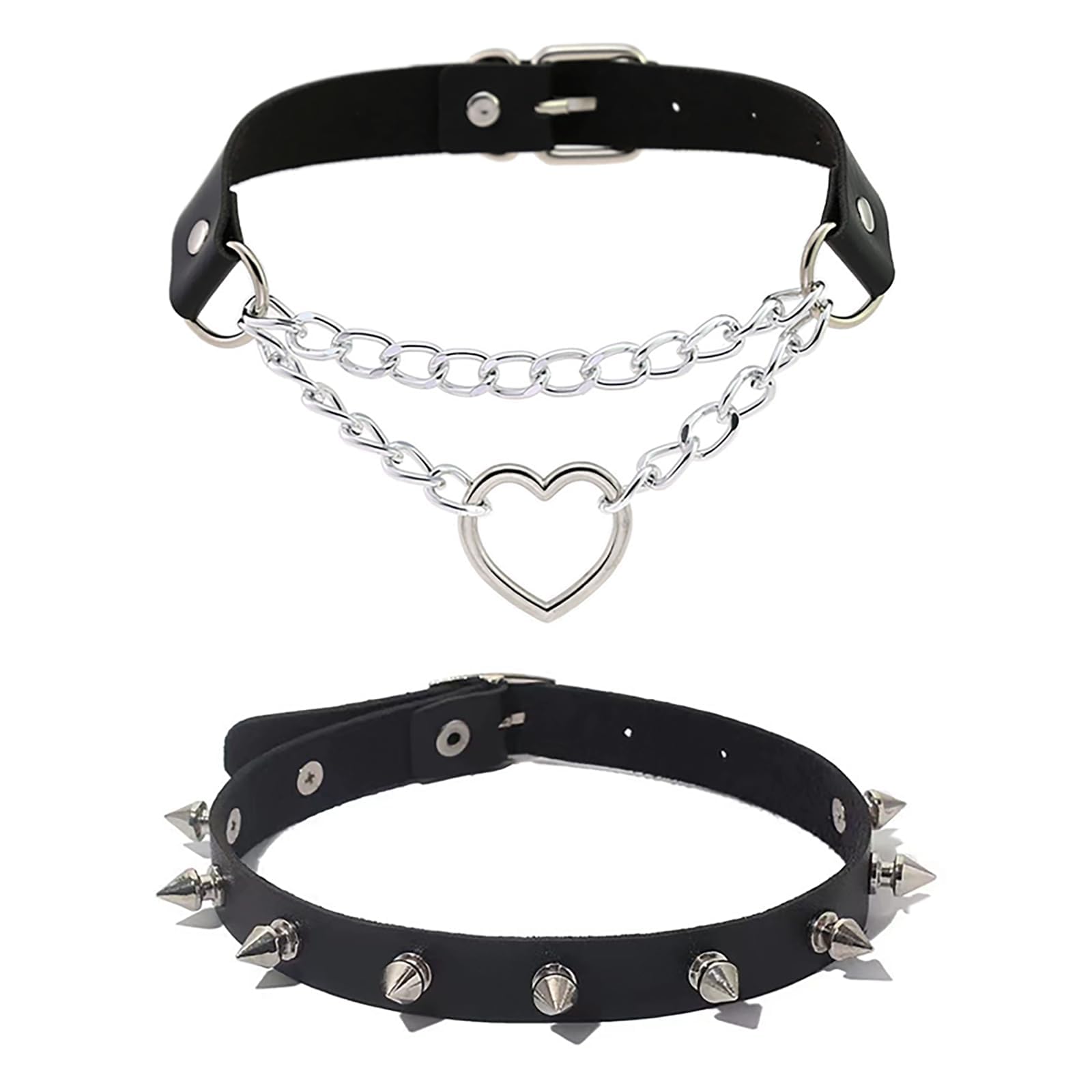 2PCS Vintage Gothic Punk Choker, Nero Borchiato In Pelle, Cuore In PU - Collana Regolabile