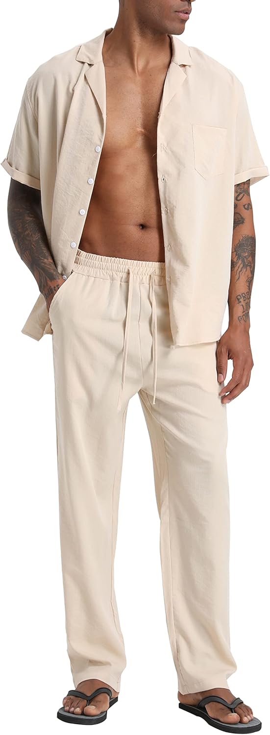 Men's Beach Clothes 2 Piece Outfits Sets Casual Short Sleeve Button Down Shirt Yoga Pants Vacation Suit Summer linen