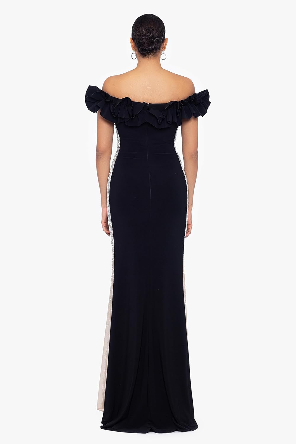 Xscape Womens Long Off The Shoulder Ruffle Beaded Mesh Back Dress - Image 2